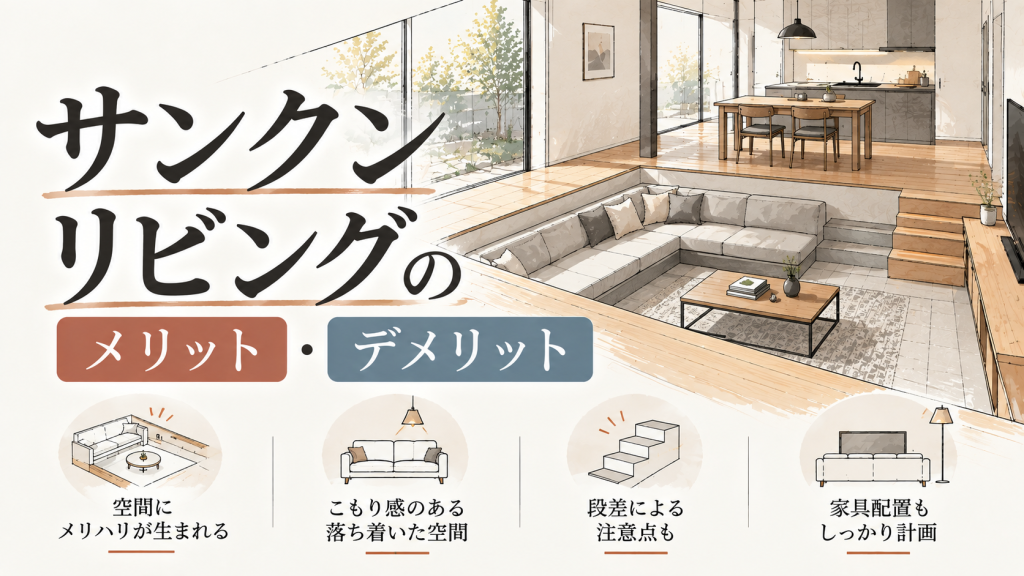 現在の画像に代替テキストがありません。ファイル名: サンクンリビングの魅力と工夫.png